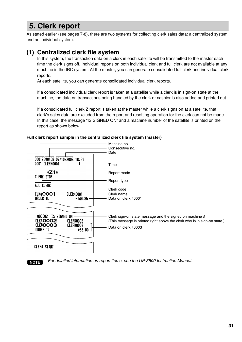Clerk report, 1) centralized clerk file system | Sharp UP-3500 User Manual | Page 32 / 59