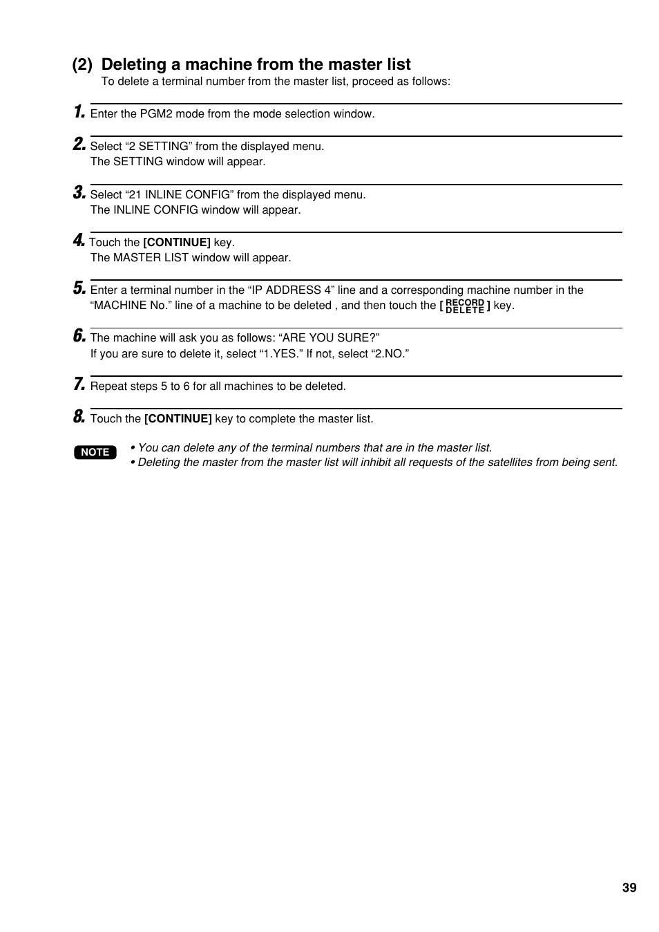 2) deleting a machine from the master list | Sharp UP-3500 User Manual | Page 40 / 59