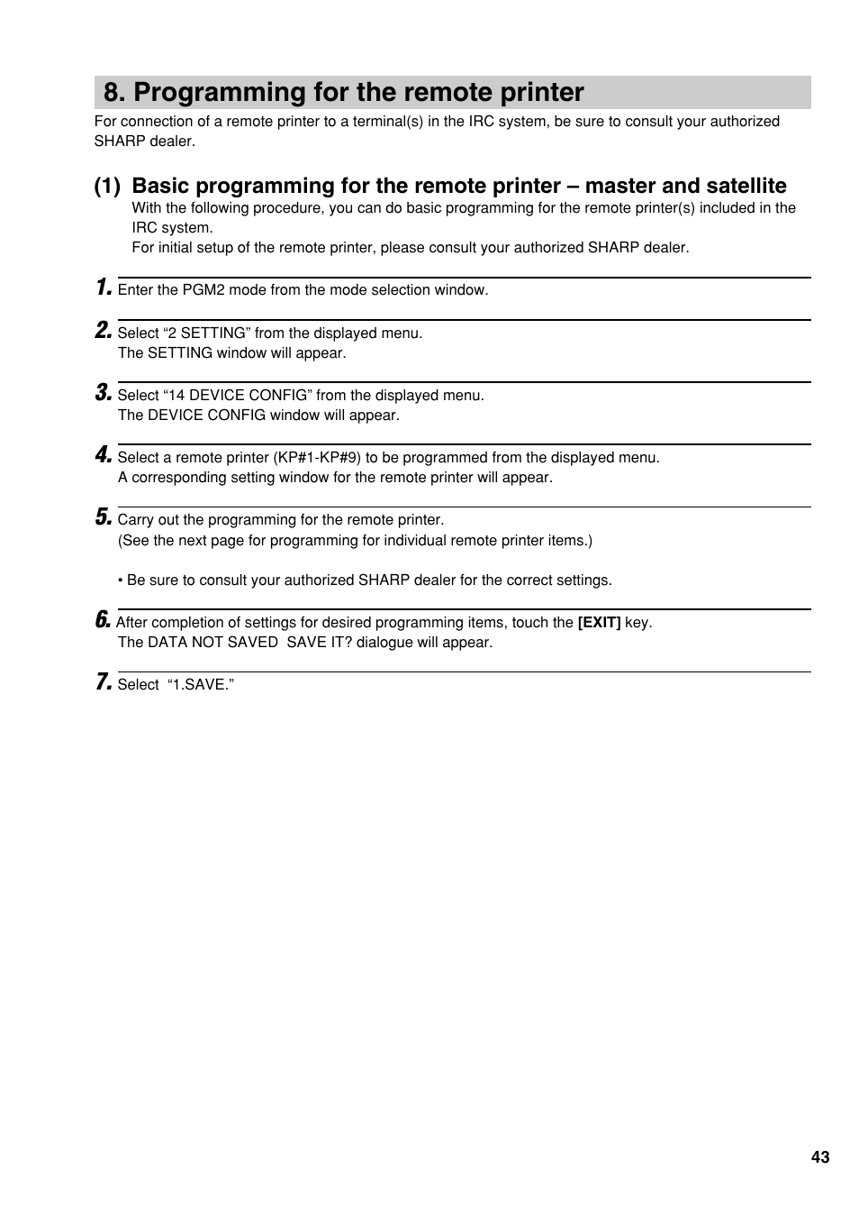 Programming for the remote printer | Sharp UP-3500 User Manual | Page 44 / 59