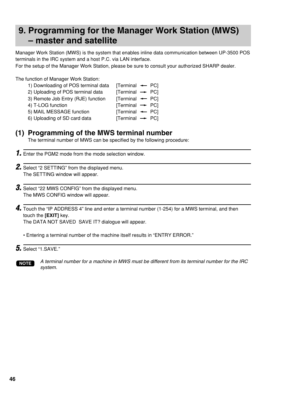 1) programming of the mws terminal number | Sharp UP-3500 User Manual | Page 47 / 59