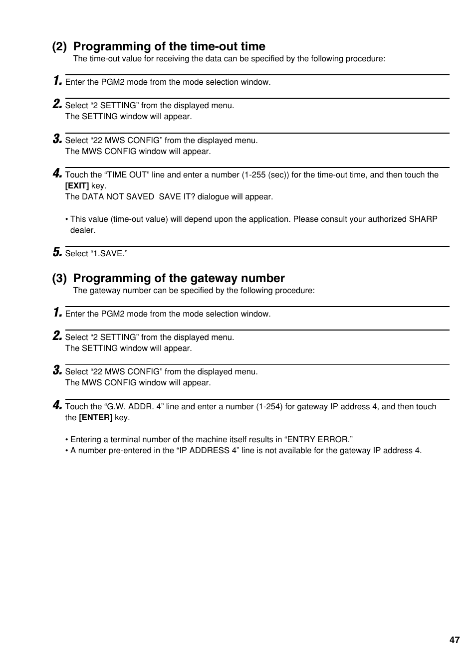 2) programming of the time-out time, 3) programming of the gateway number | Sharp UP-3500 User Manual | Page 48 / 59