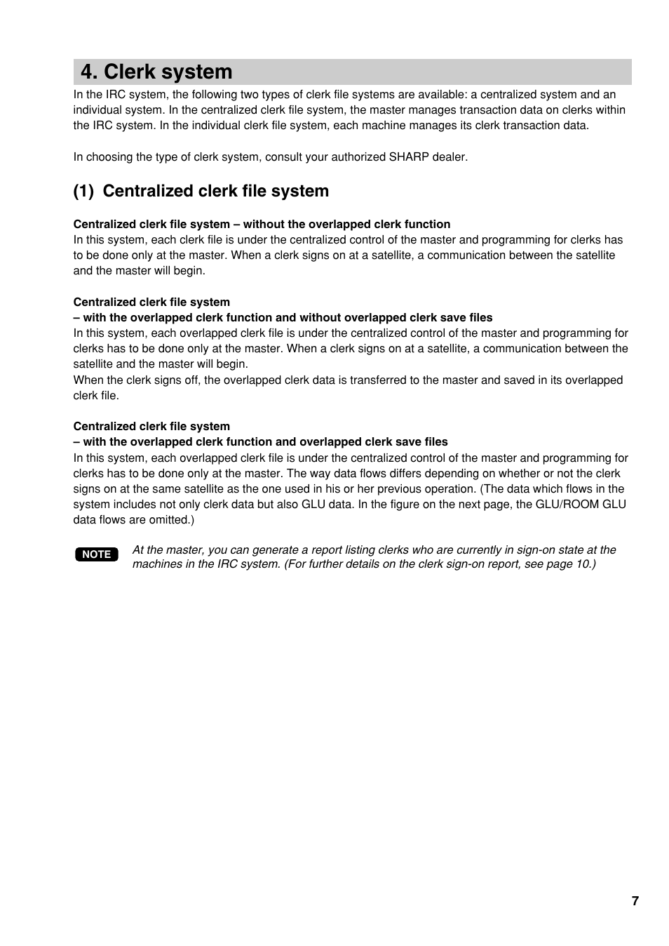 Clerk system, 1) centralized clerk file system | Sharp UP-3500 User Manual | Page 8 / 59