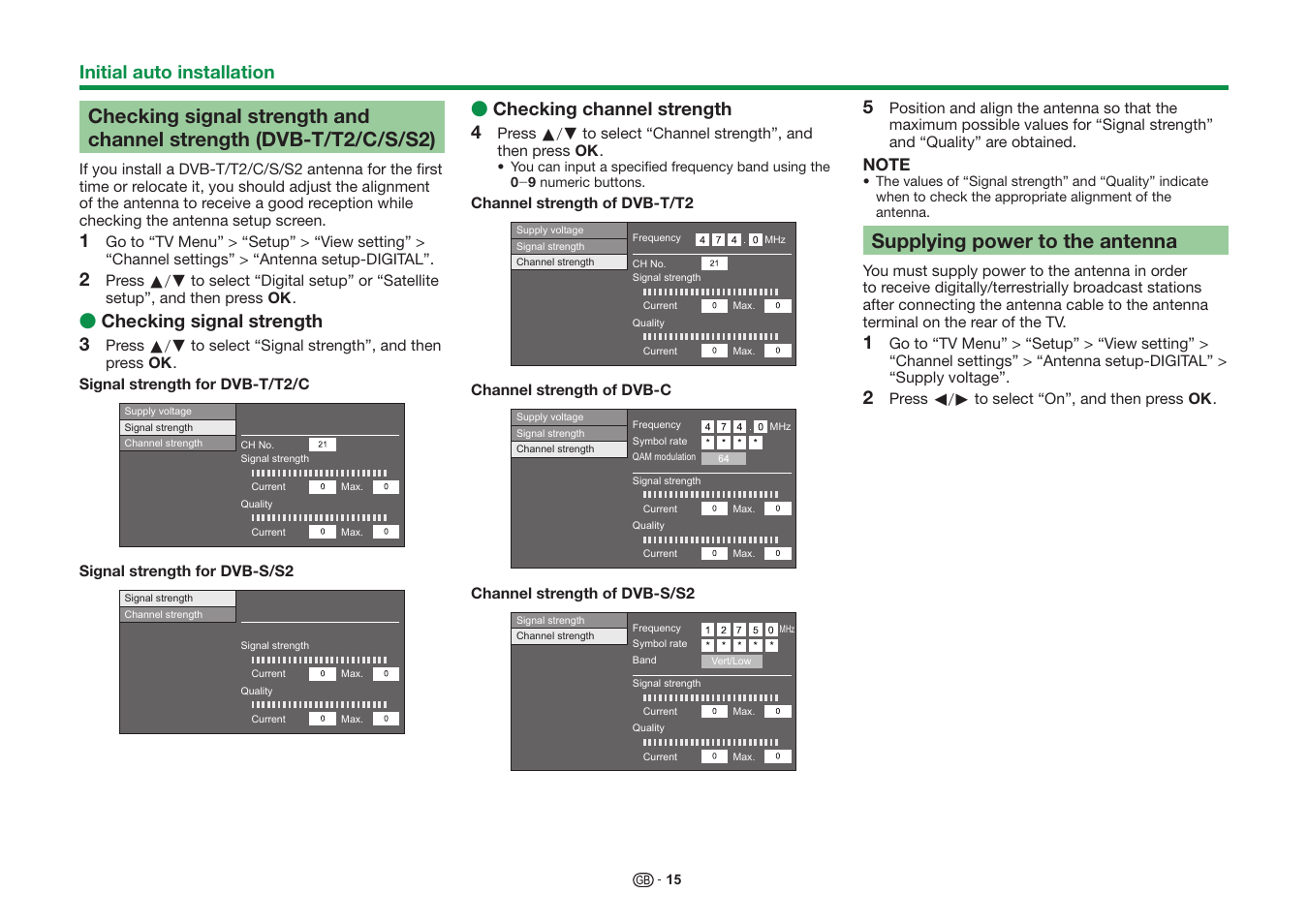 Supplying power to the antenna, Checking signal strength 3, Checking channel strength 4 | Initial auto installation | Sharp LC-60UD20KN User Manual | Page 17 / 89