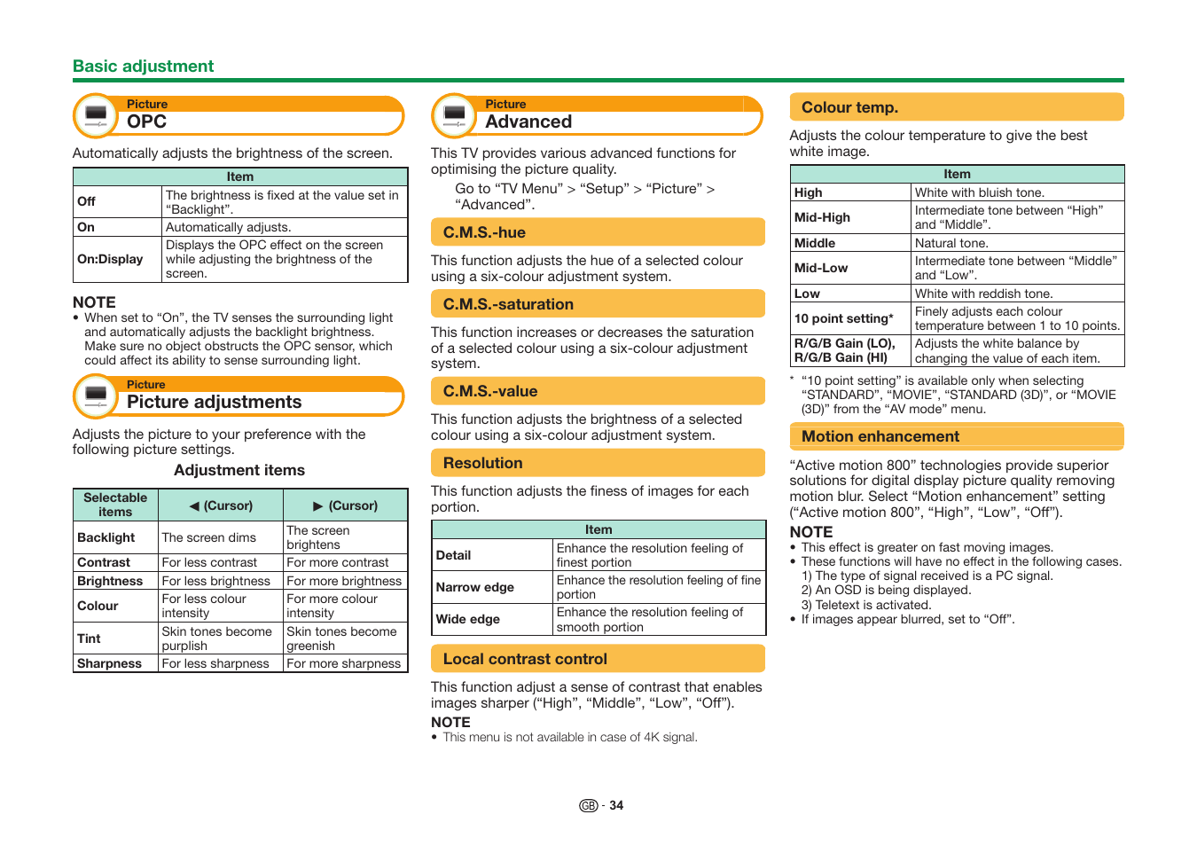 Picture adjustments, Advanced | Sharp LC-60UD20KN User Manual | Page 36 / 89