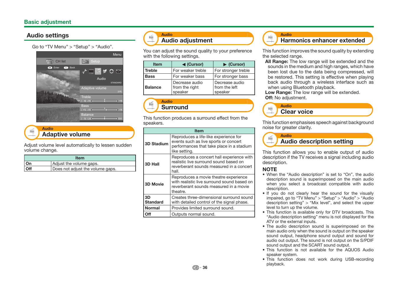 Audio settings, Adaptive volume, Audio adjustment | Surround, Harmonics enhancer extended, Clear voice, Audio description setting | Sharp LC-60UD20KN User Manual | Page 38 / 89