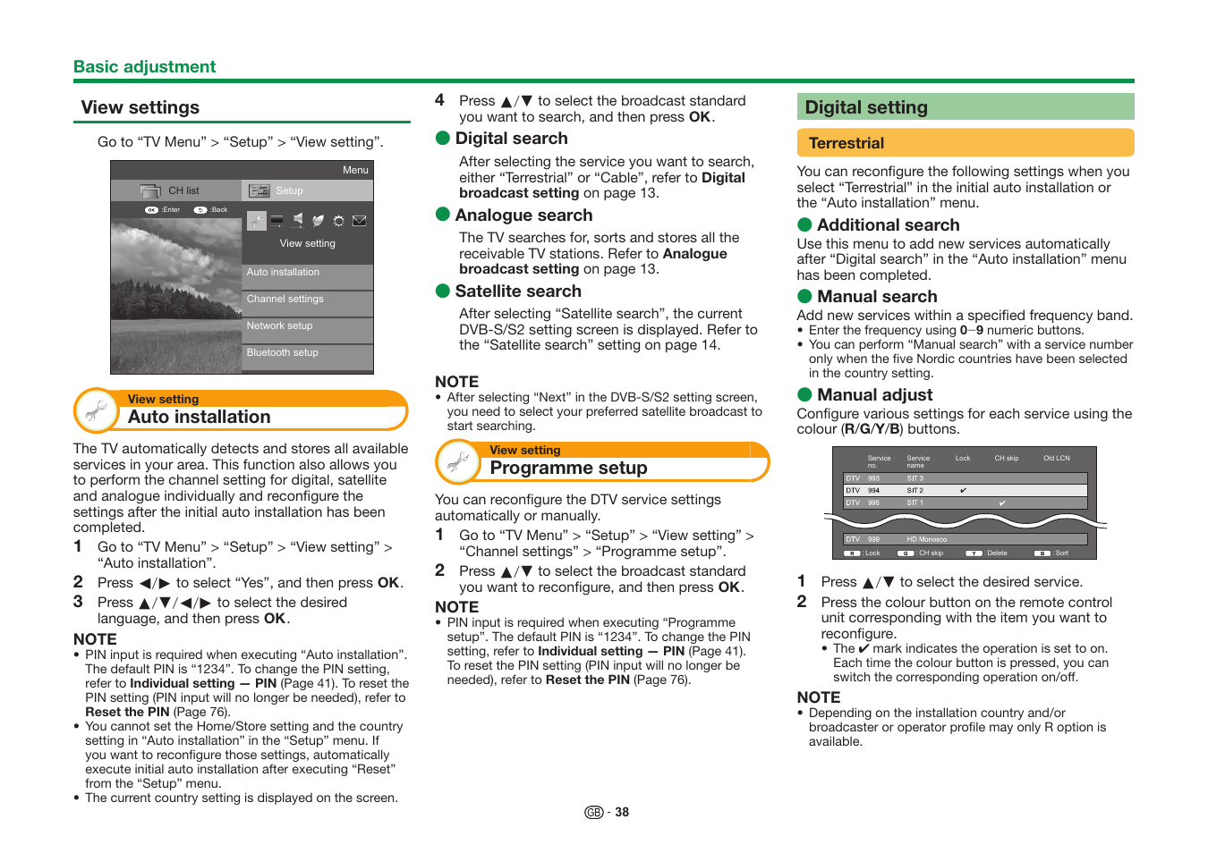 View settings, Auto installation, Programme setup | Digital setting | Sharp LC-60UD20KN User Manual | Page 40 / 89