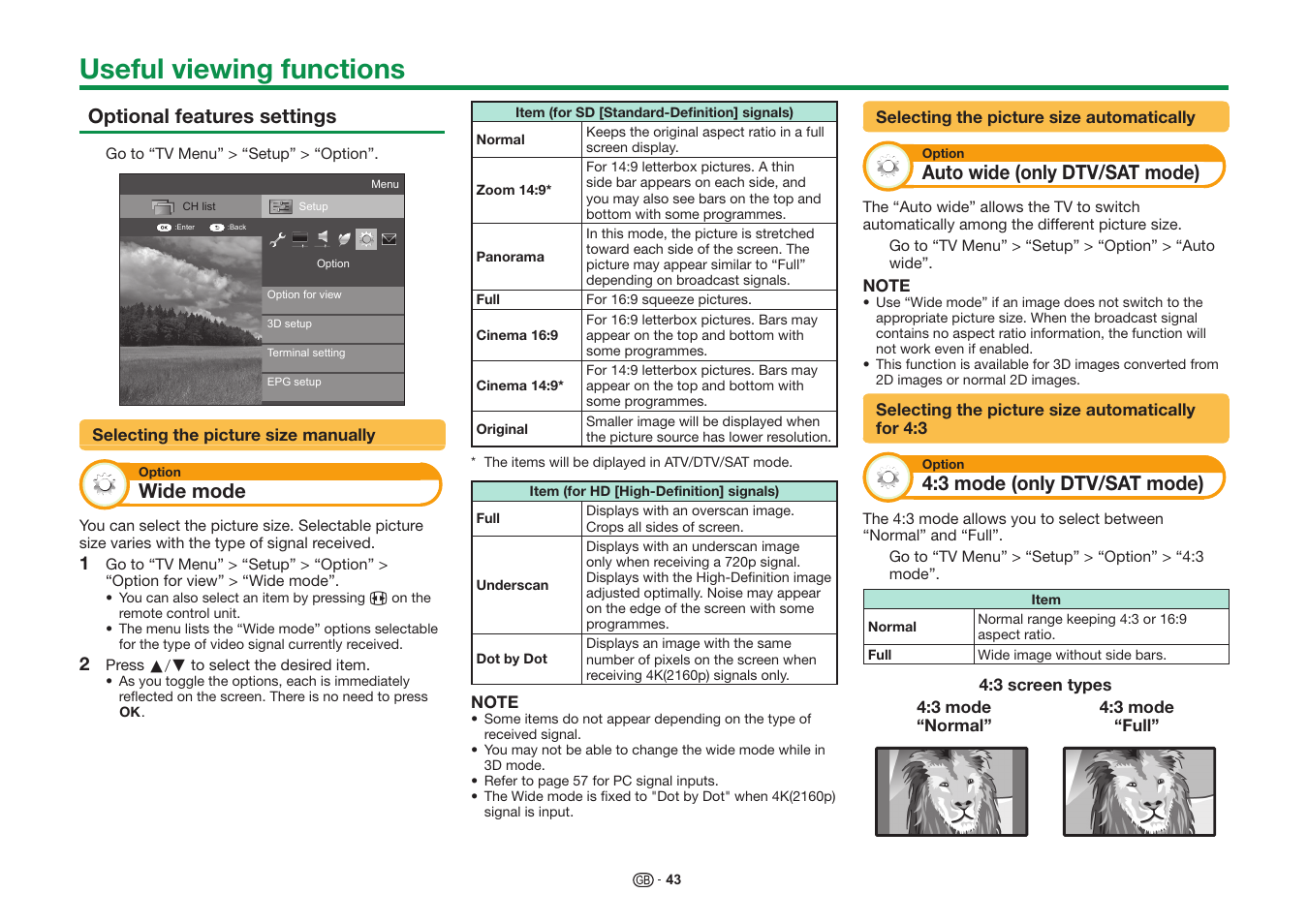 Useful viewing functions, Optional features settings, Wide mode | Auto wide (only dtv/sat mode), 3 mode (only dtv/sat mode) | Sharp LC-60UD20KN User Manual | Page 45 / 89