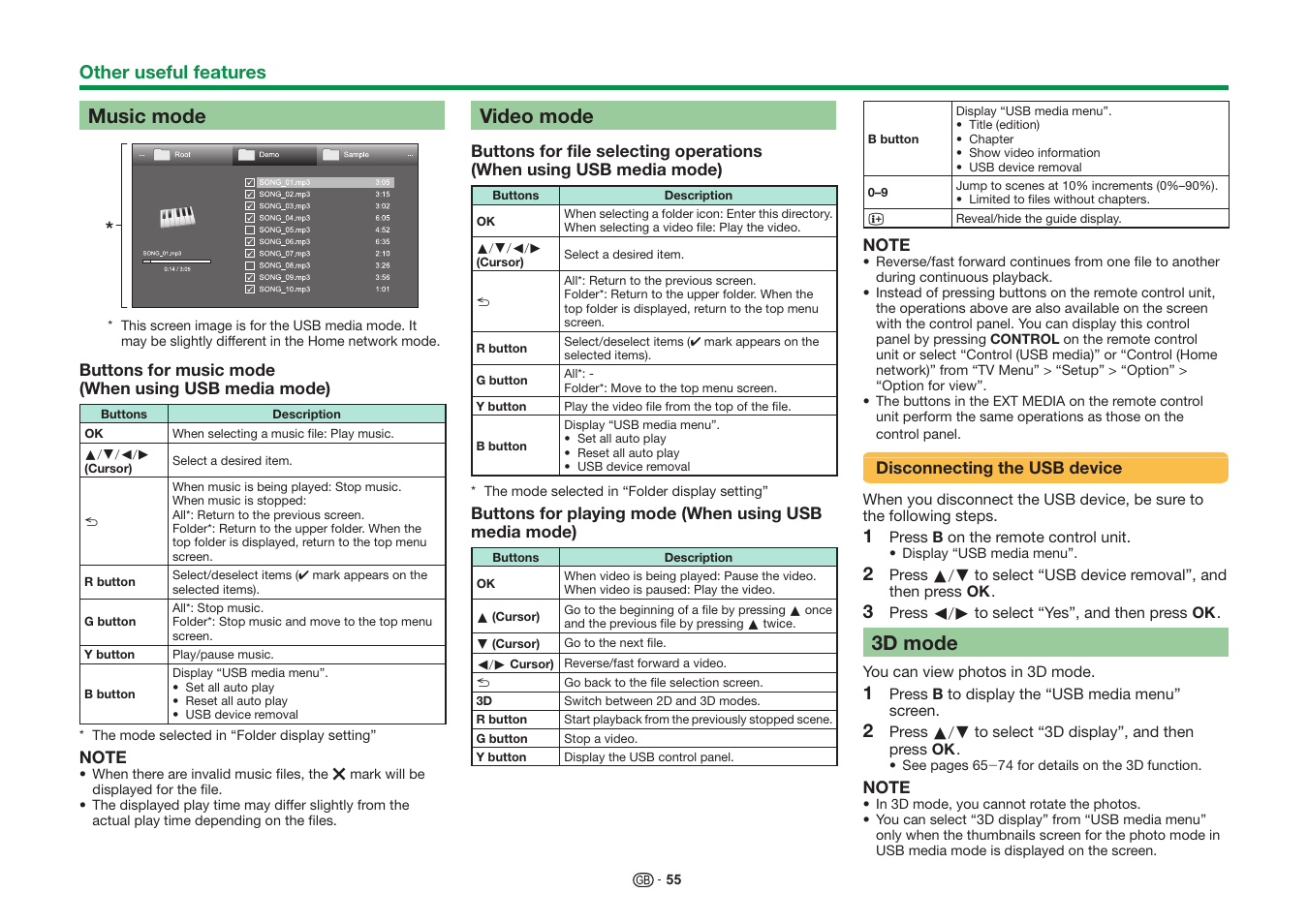 Music mode, Video mode, 3d mode | Sharp LC-60UD20KN User Manual | Page 57 / 89