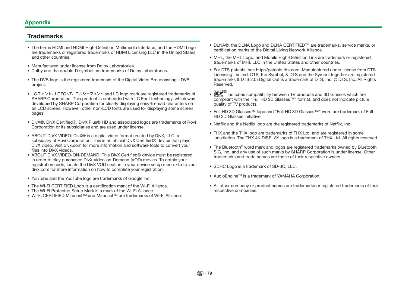 Trademarks | Sharp LC-60UD20KN User Manual | Page 81 / 89