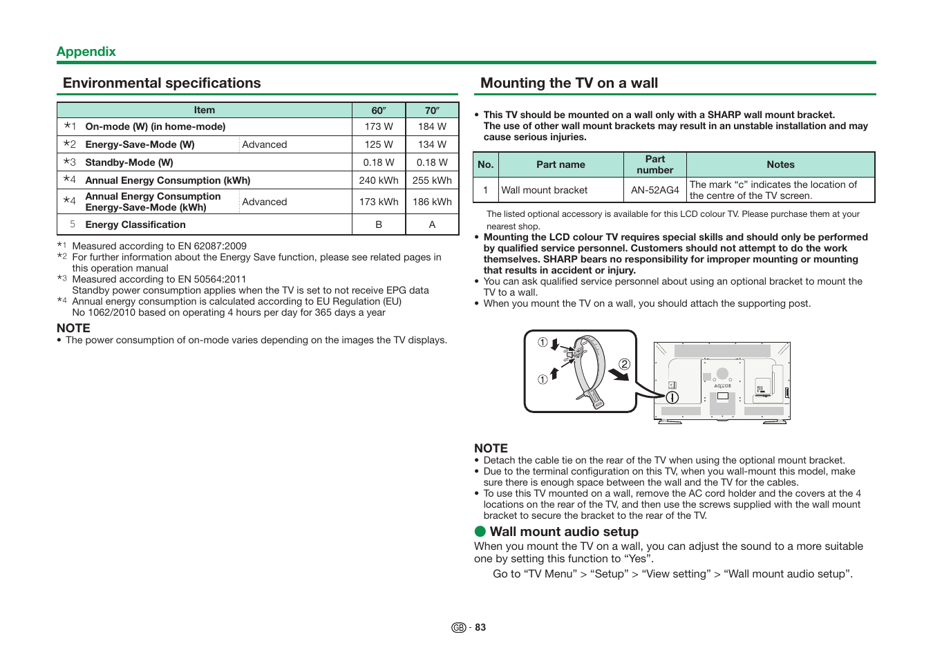 Environmental specifications, Mounting the tv on a wall | Sharp LC-60UD20KN User Manual | Page 85 / 89