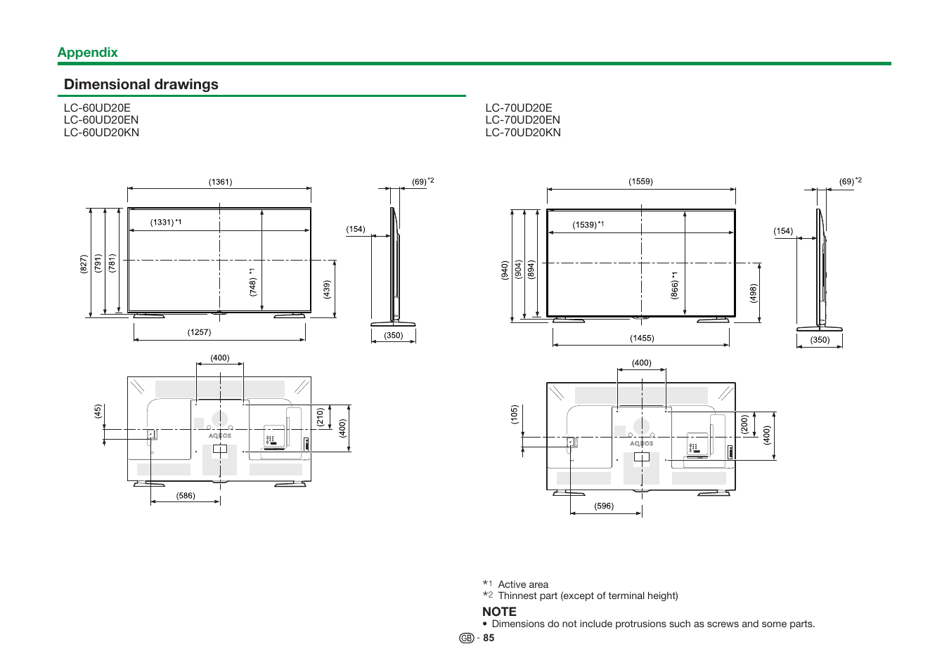 Dimensional drawings | Sharp LC-60UD20KN User Manual | Page 87 / 89