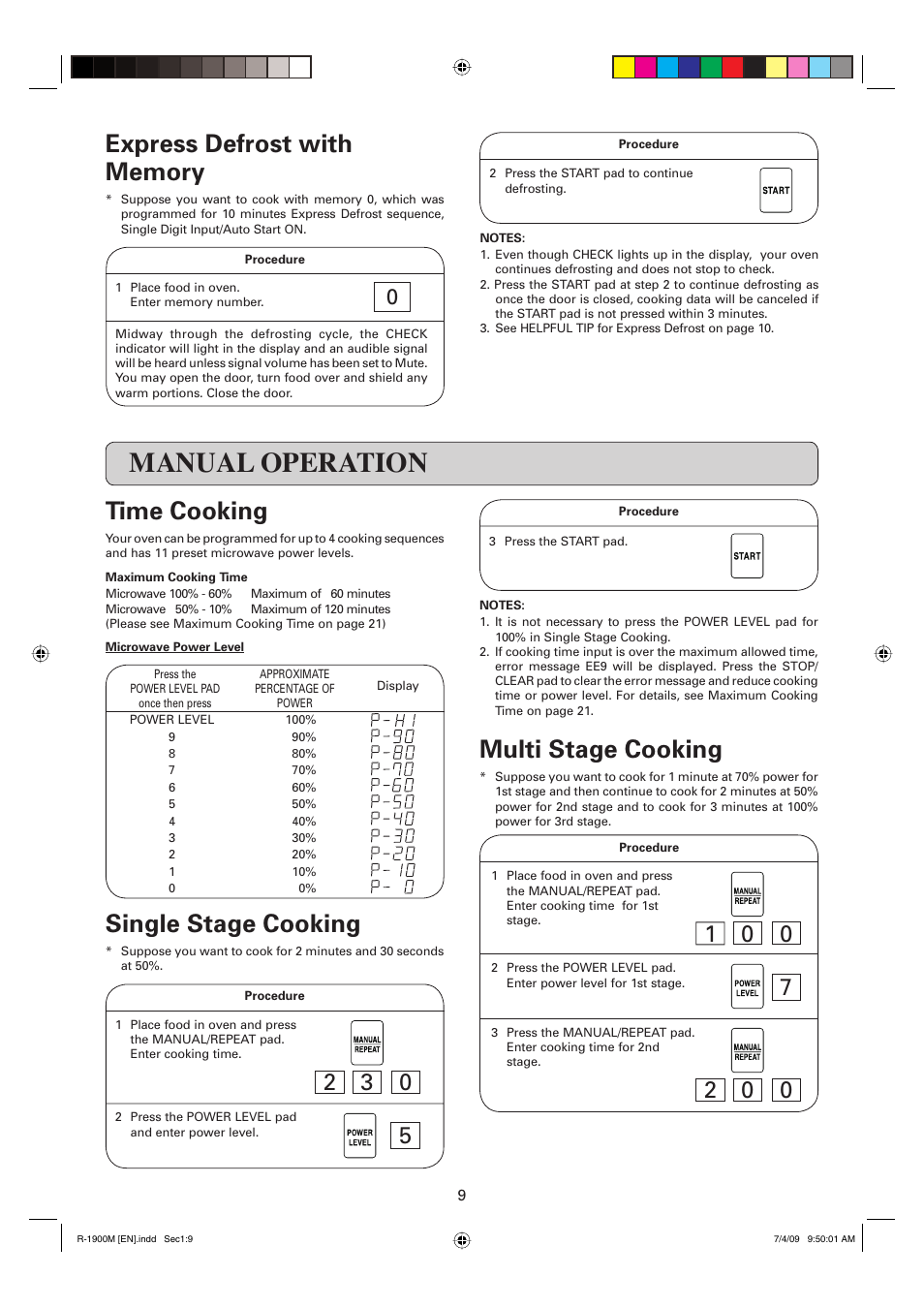 Manual operation, Time cooking, Single stage cooking | Multi stage cooking | Sharp R-1900M User Manual | Page 10 / 42