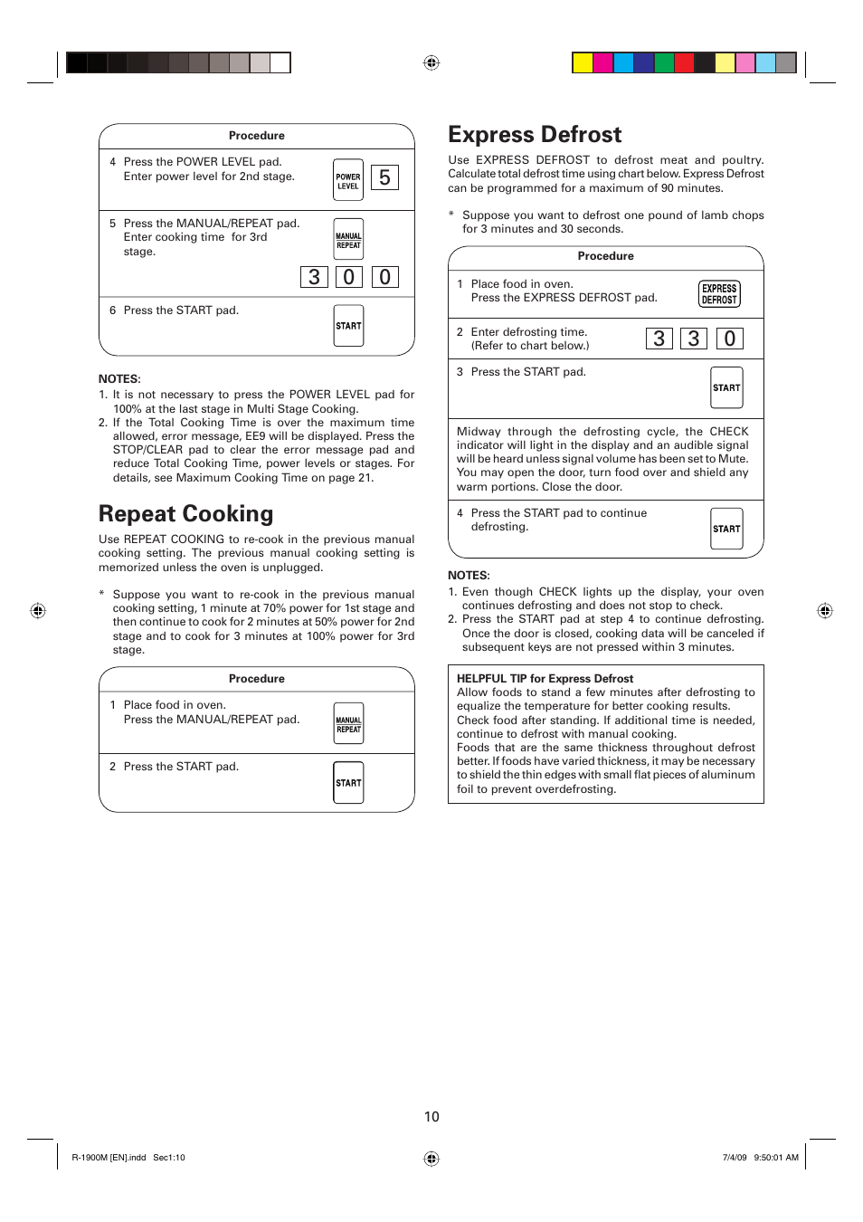 Repeat cooking, Express defrost | Sharp R-1900M User Manual | Page 11 / 42