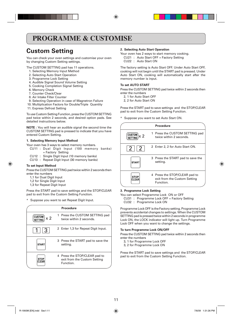 Programme & customise, Custom setting | Sharp R-1900M User Manual | Page 12 / 42