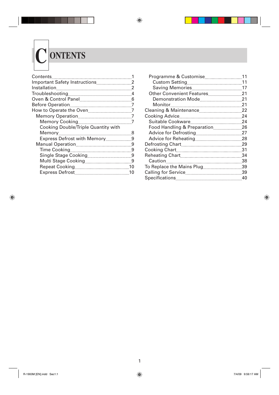 Ontents | Sharp R-1900M User Manual | Page 2 / 42