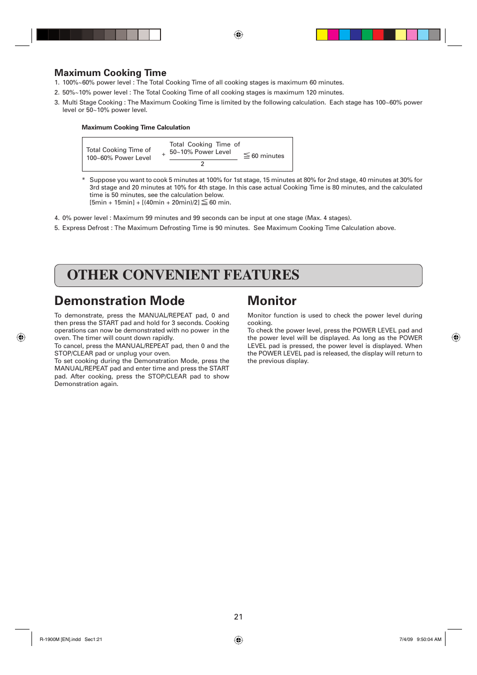 Other convenient features, Monitor, Demonstration mode | Maximum cooking time | Sharp R-1900M User Manual | Page 22 / 42