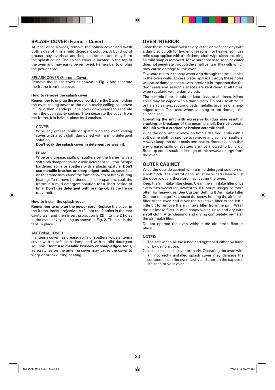 23 splash cover (frame + cover), Oven interior, Outer cabinet | Sharp R-1900M User Manual | Page 24 / 42