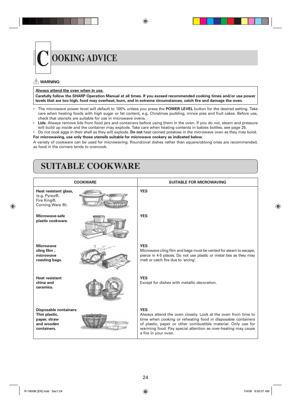 Ooking advice, Suitable cookware | Sharp R-1900M User Manual | Page 25 / 42