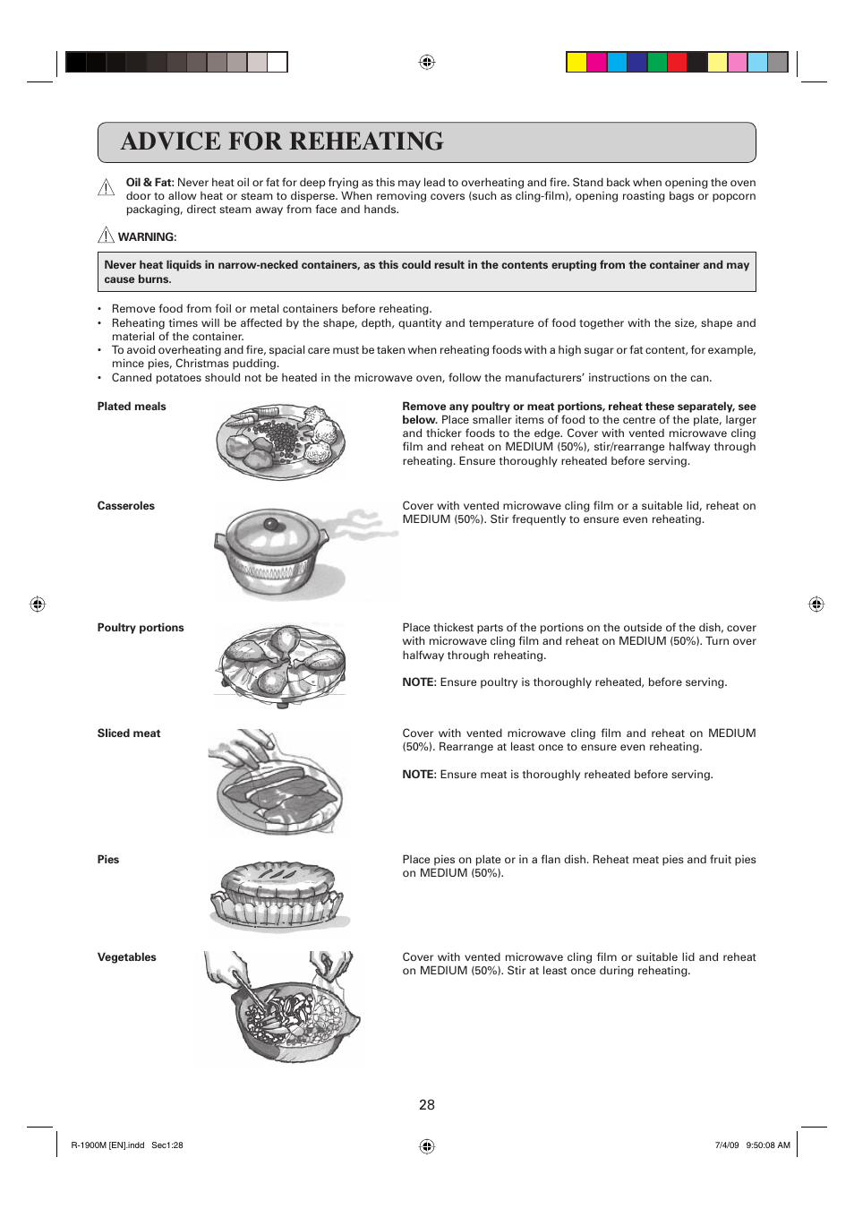 Advice for reheating | Sharp R-1900M User Manual | Page 29 / 42