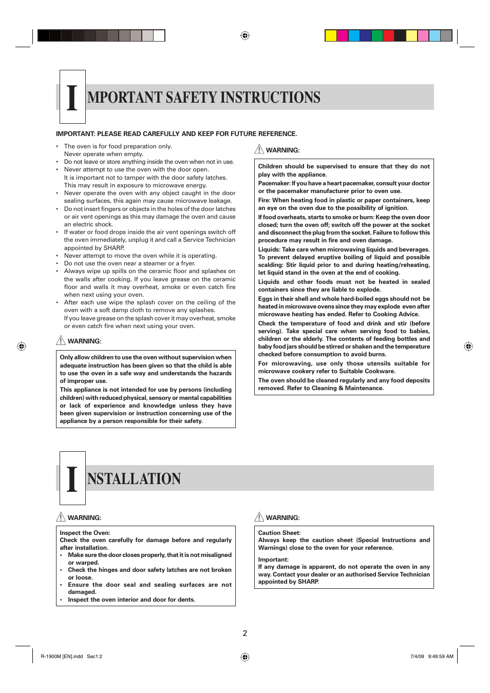 Mportant safety instructions, Nstallation | Sharp R-1900M User Manual | Page 3 / 42