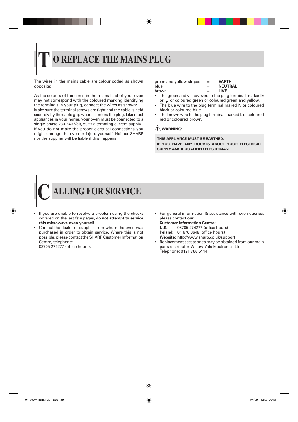 O replace the mains plug, Alling for service | Sharp R-1900M User Manual | Page 40 / 42