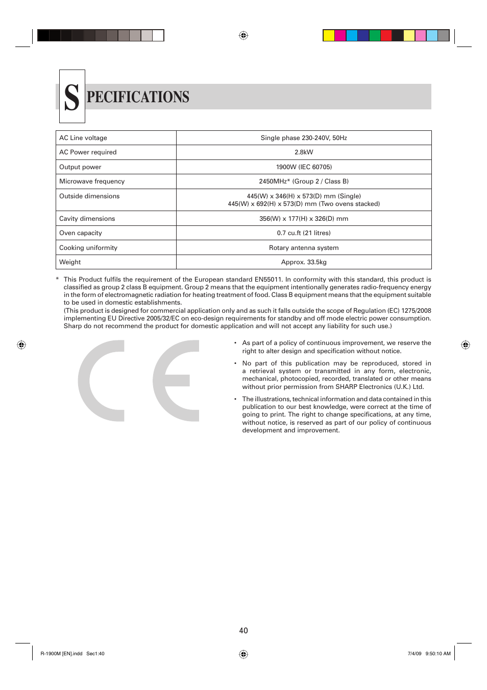 Pecifications | Sharp R-1900M User Manual | Page 41 / 42