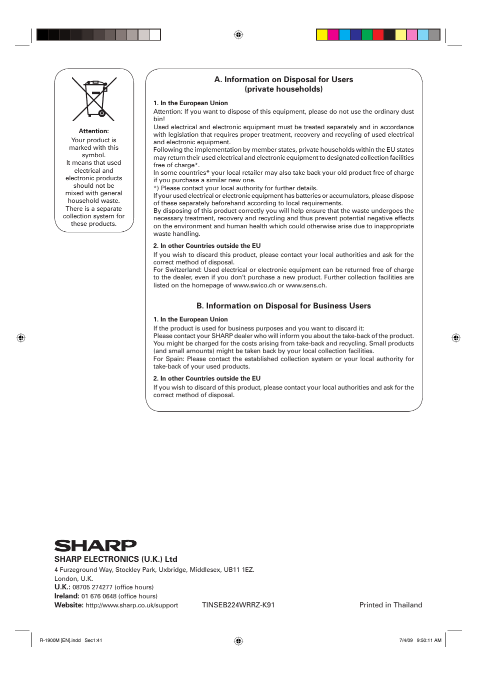 B. information on disposal for business users, Sharp electronics (u.k.) ltd | Sharp R-1900M User Manual | Page 42 / 42
