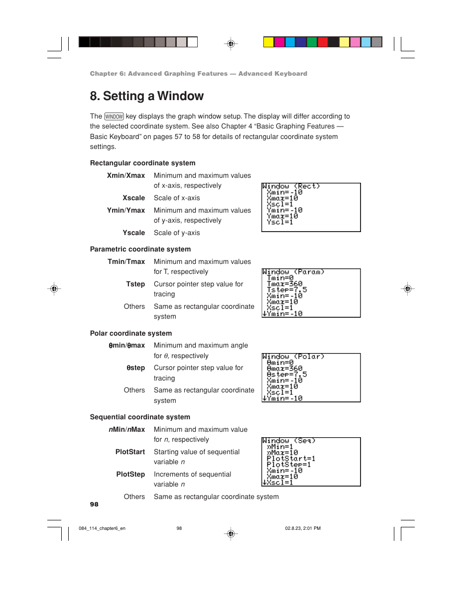 Setting a window | Sharp EL-9900 User Manual | Page 108 / 284