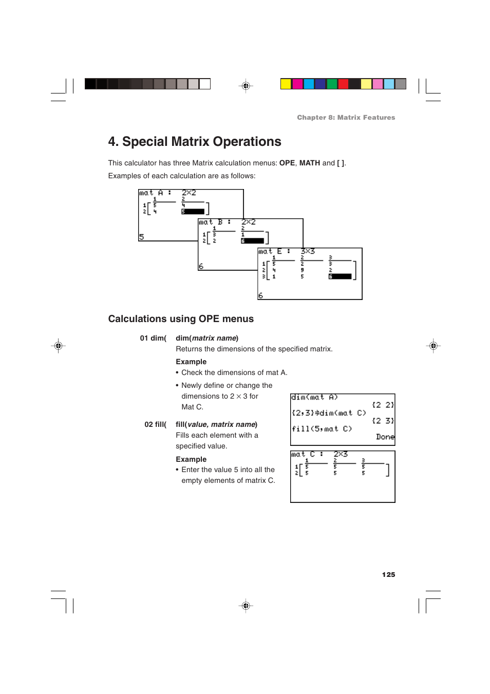 Special matrix operations, Calculations using ope menus | Sharp EL-9900 User Manual | Page 135 / 284