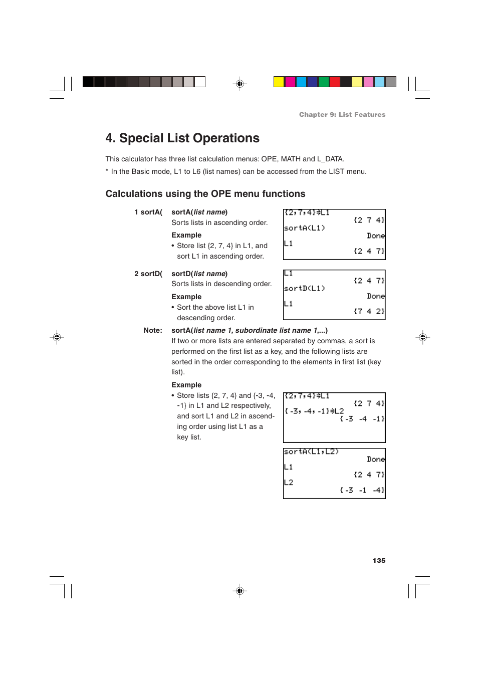 Special list operations, Calculations using the ope menu functions | Sharp EL-9900 User Manual | Page 145 / 284