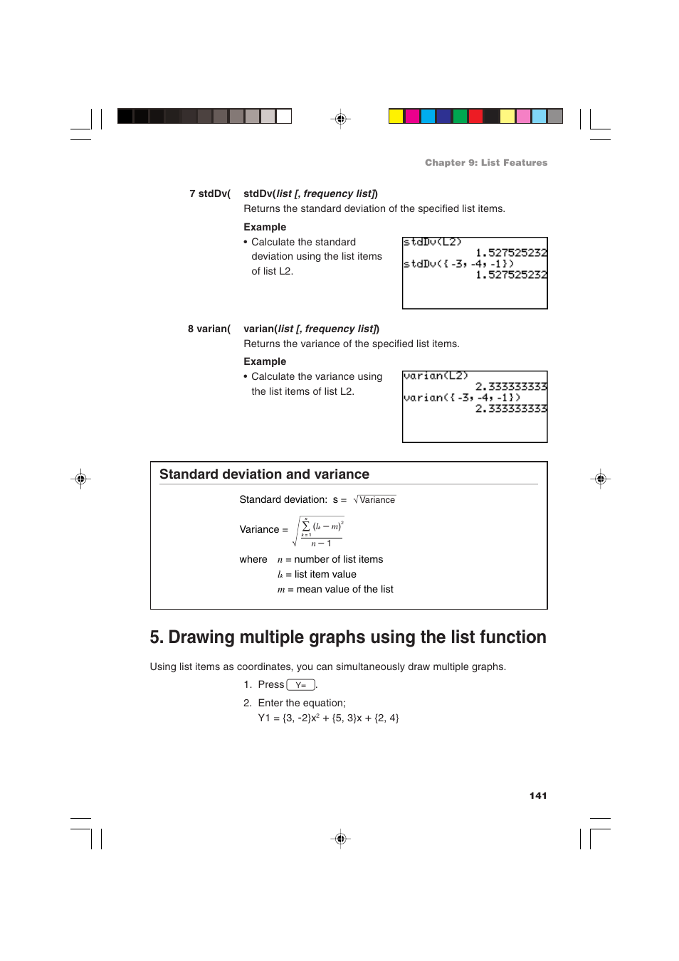 Drawing multiple graphs using the list function, Standard deviation and variance | Sharp EL-9900 User Manual | Page 151 / 284