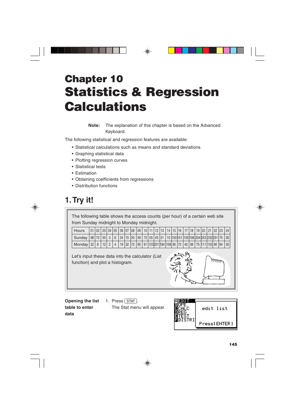 Statistics & regression calculations, Chapter 10, Try it | Sharp EL-9900 User Manual | Page 155 / 284