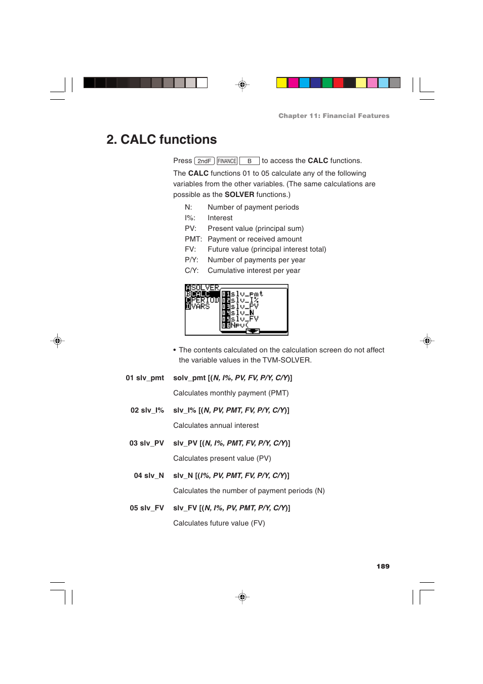 Calc functions | Sharp EL-9900 User Manual | Page 199 / 284