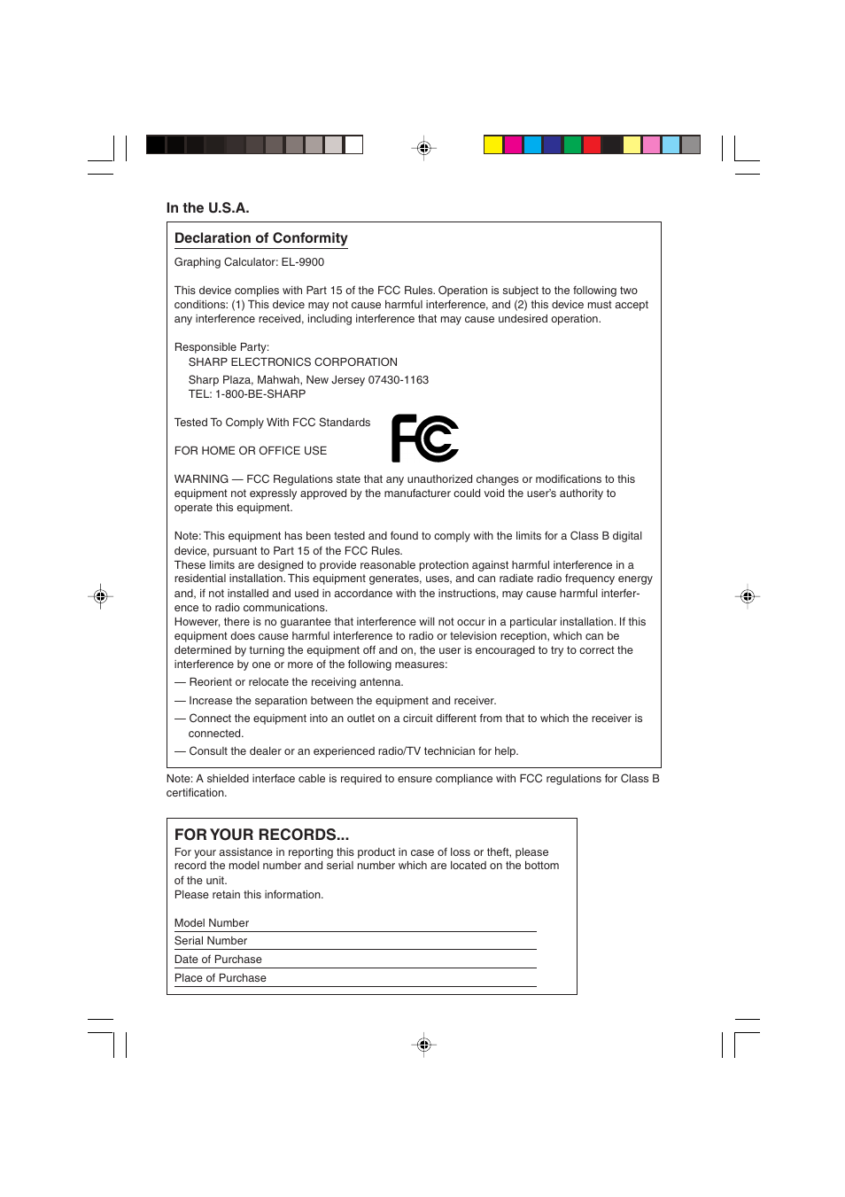 For your records | Sharp EL-9900 User Manual | Page 2 / 284