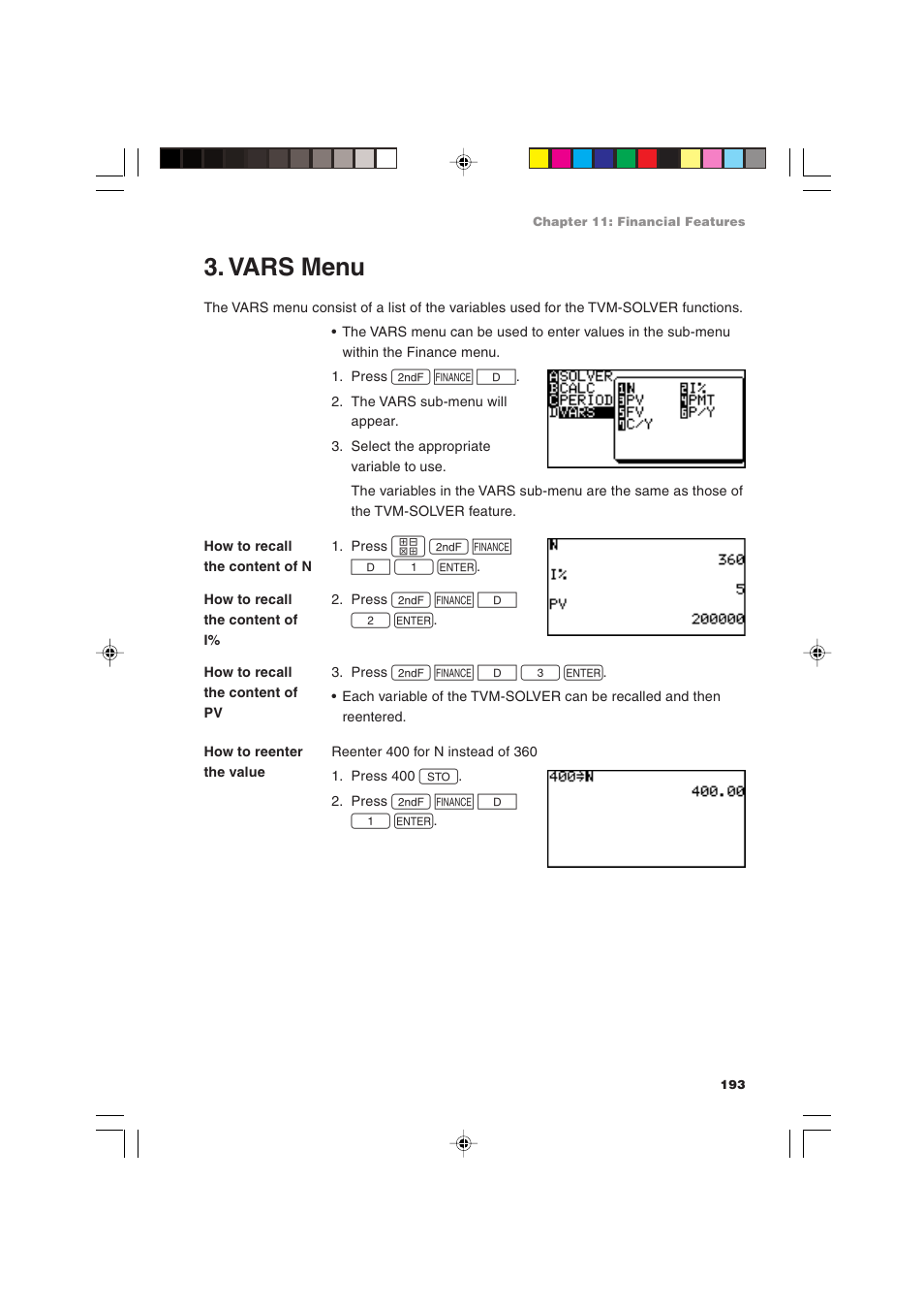 Vars menu | Sharp EL-9900 User Manual | Page 203 / 284