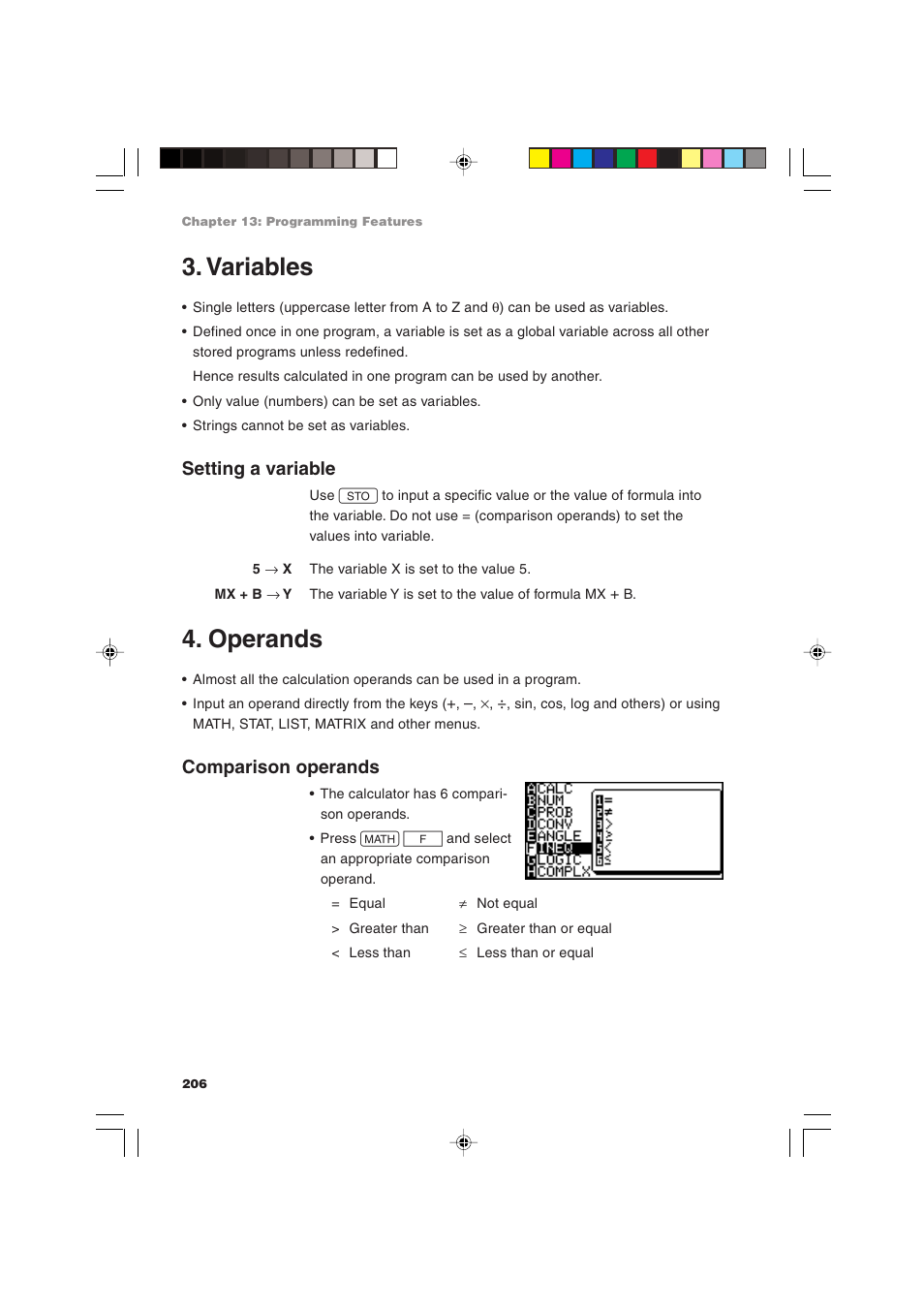 Variables, Operands, Setting a variable | Comparison operands | Sharp EL-9900 User Manual | Page 216 / 284