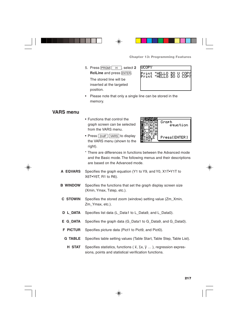 Vars menu | Sharp EL-9900 User Manual | Page 227 / 284