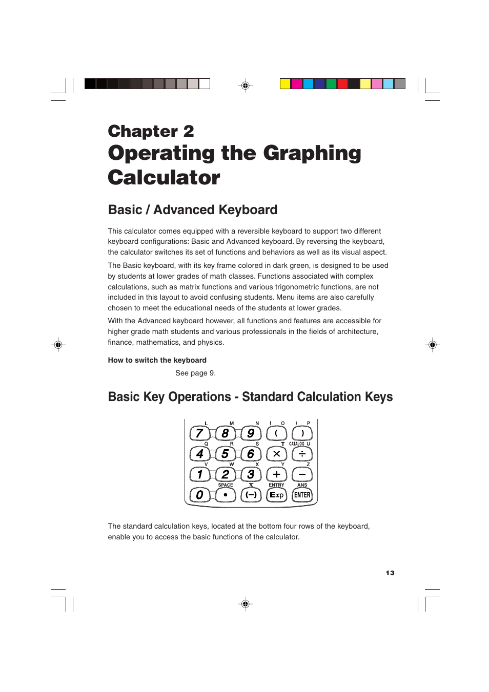 Operating the graphing calculator, Chapter 2, Basic / advanced keyboard | Basic key operations - standard calculation keys | Sharp EL-9900 User Manual | Page 23 / 284