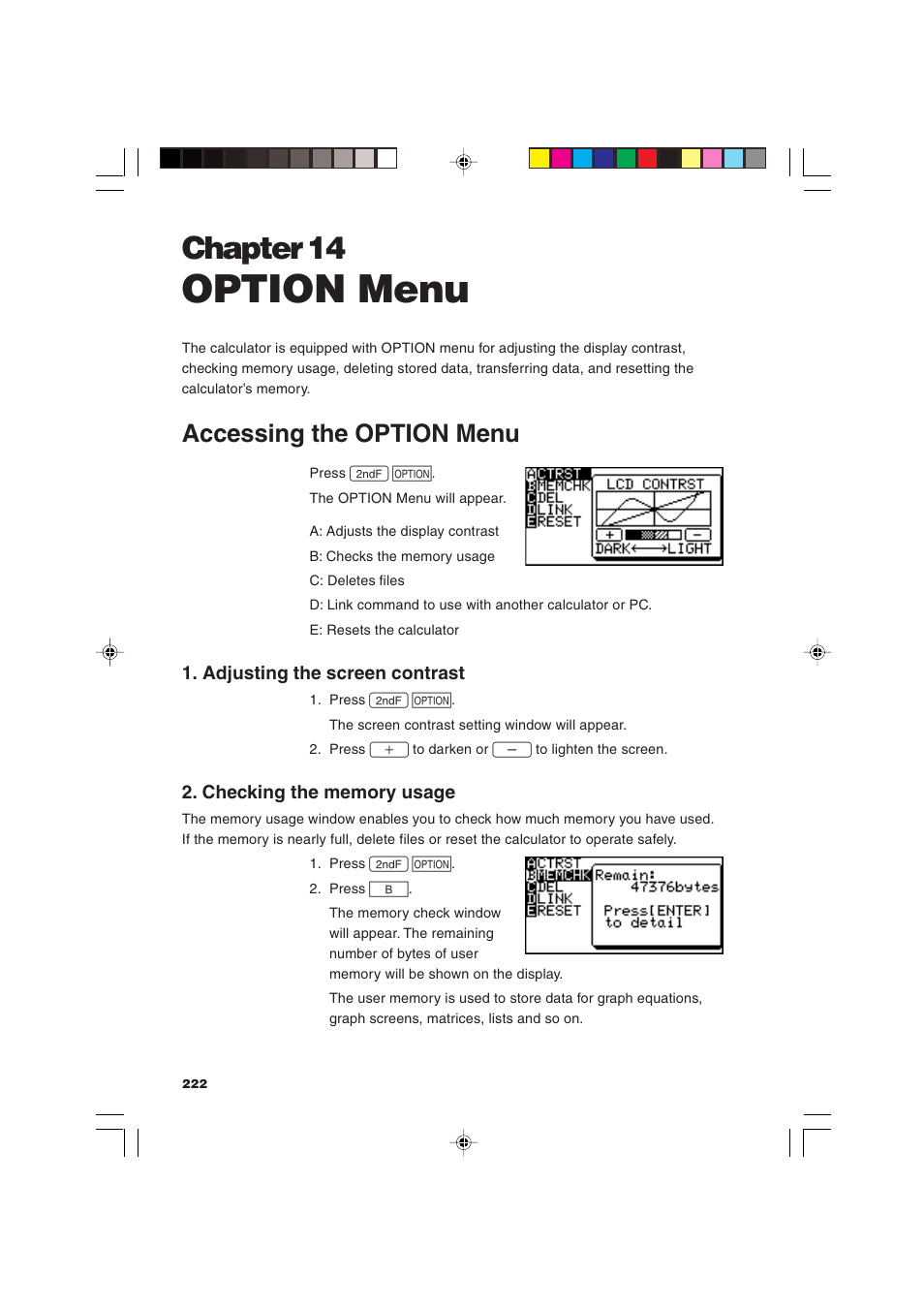 Option menu, Chapter 14, Accessing the option menu | Sharp EL-9900 User Manual | Page 232 / 284