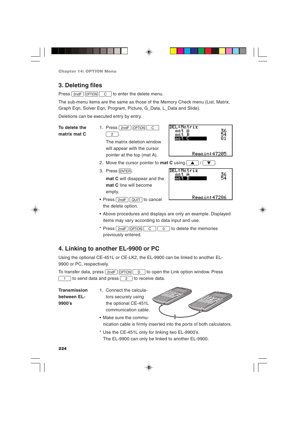 Deleting files, Linking to another el-9900 or pc | Sharp EL-9900 User Manual | Page 234 / 284