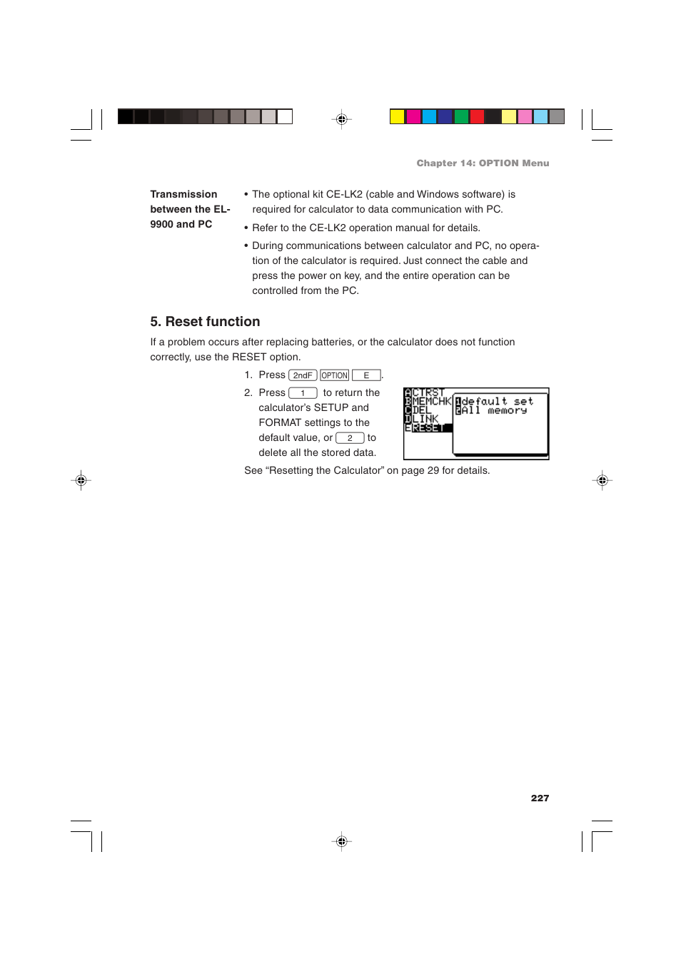 Reset function | Sharp EL-9900 User Manual | Page 237 / 284