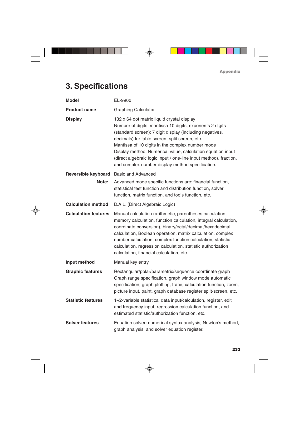 Specifications | Sharp EL-9900 User Manual | Page 243 / 284