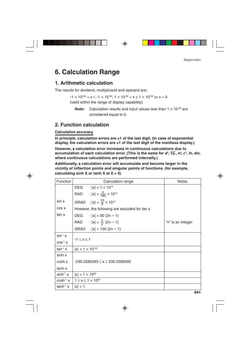 Calculation range, Arithmetic calculation, Function calculation | Sharp EL-9900 User Manual | Page 251 / 284