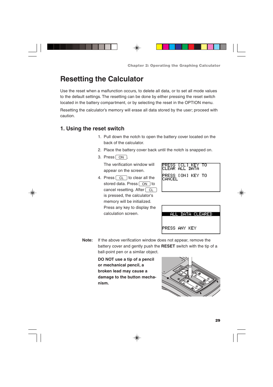 Resetting the calculator, Using the reset switch | Sharp EL-9900 User Manual | Page 39 / 284