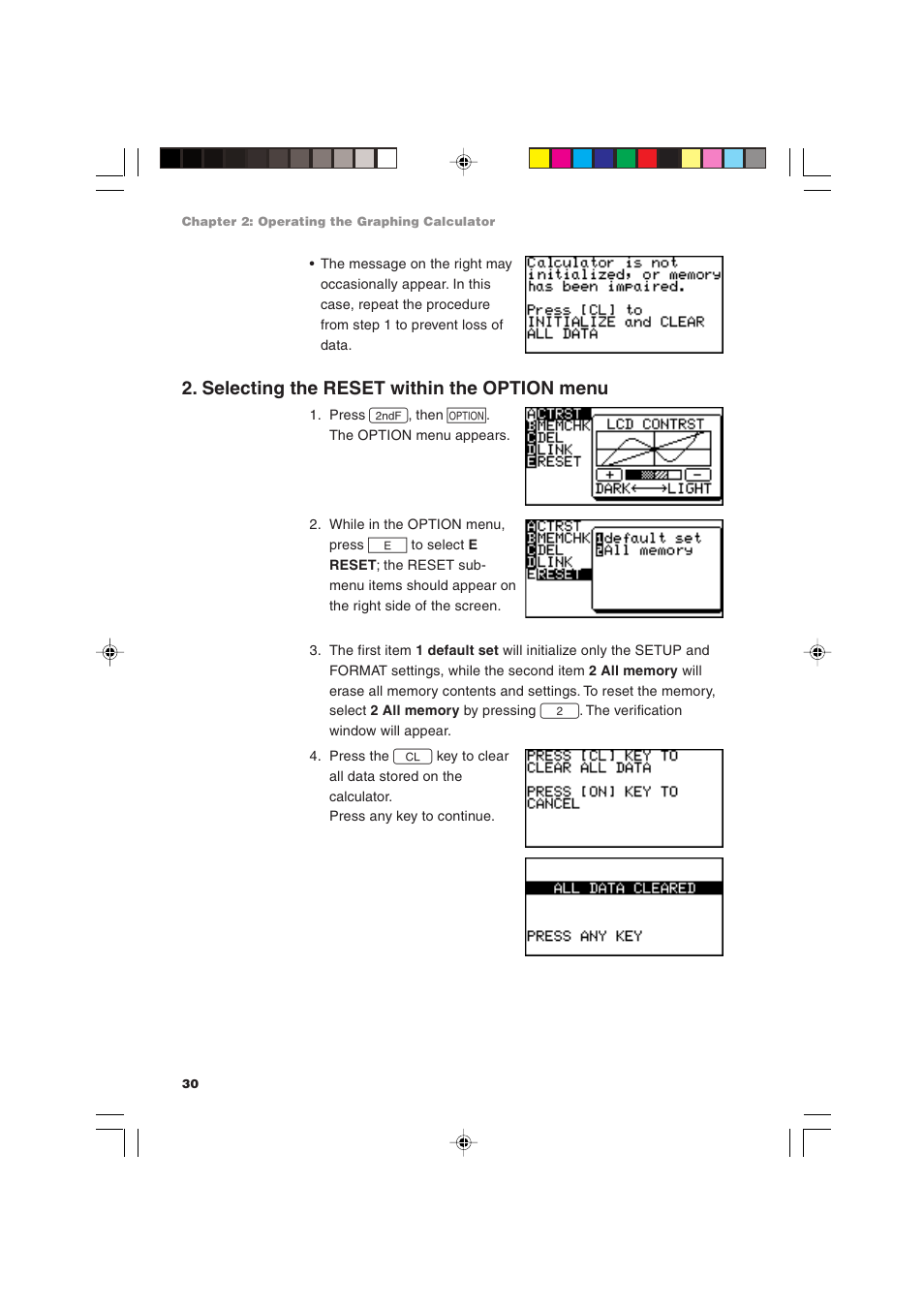 Selecting the reset within the option menu | Sharp EL-9900 User Manual | Page 40 / 284