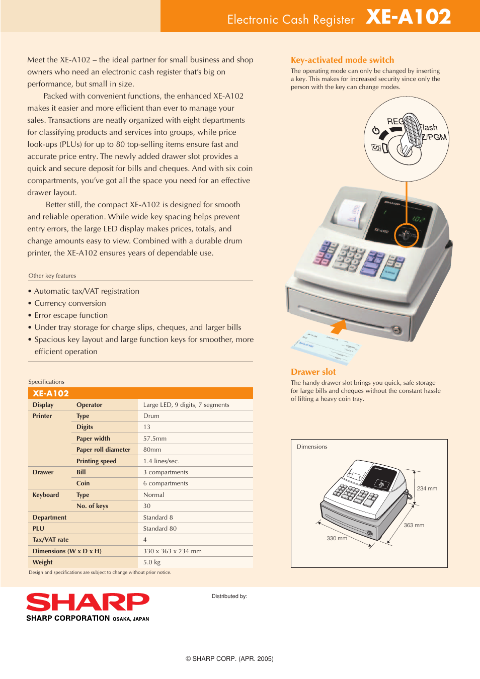 Xe-a102, Electronic cash register, Key-activated mode switch | Drawer slot | Sharp XE-A102B User Manual | Page 2 / 2