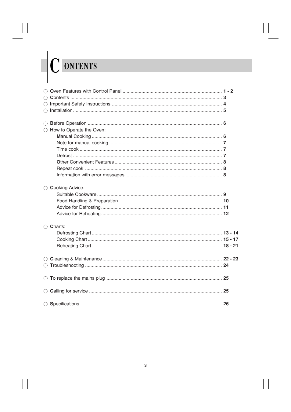 Ontents | Sharp R-23AM User Manual | Page 4 / 28