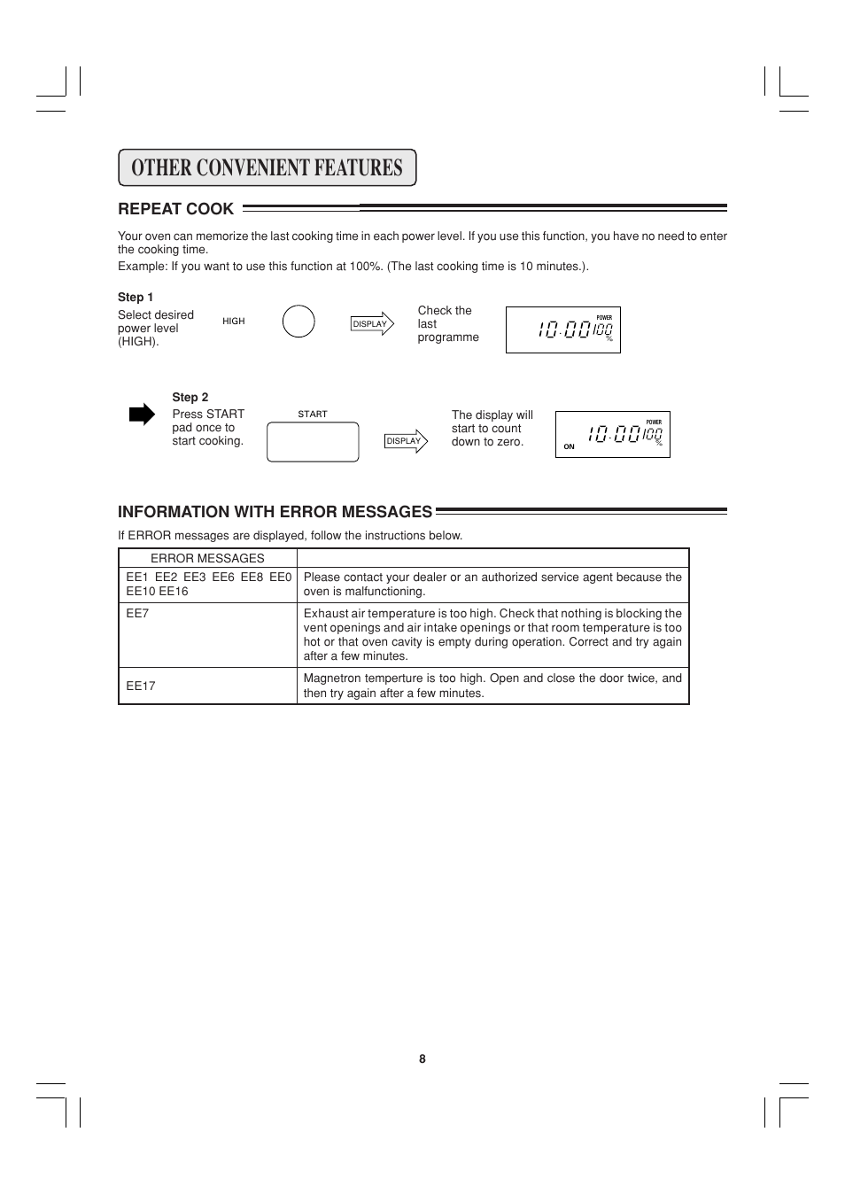 Other convenient features, Repeat cook, Information with error messages | Sharp R-23AM User Manual | Page 9 / 28
