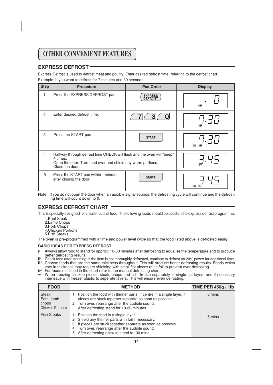 Other convenient features, Express defrost, Express defrost express defrost chart | Sharp R-21ATP User Manual | Page 15 / 36