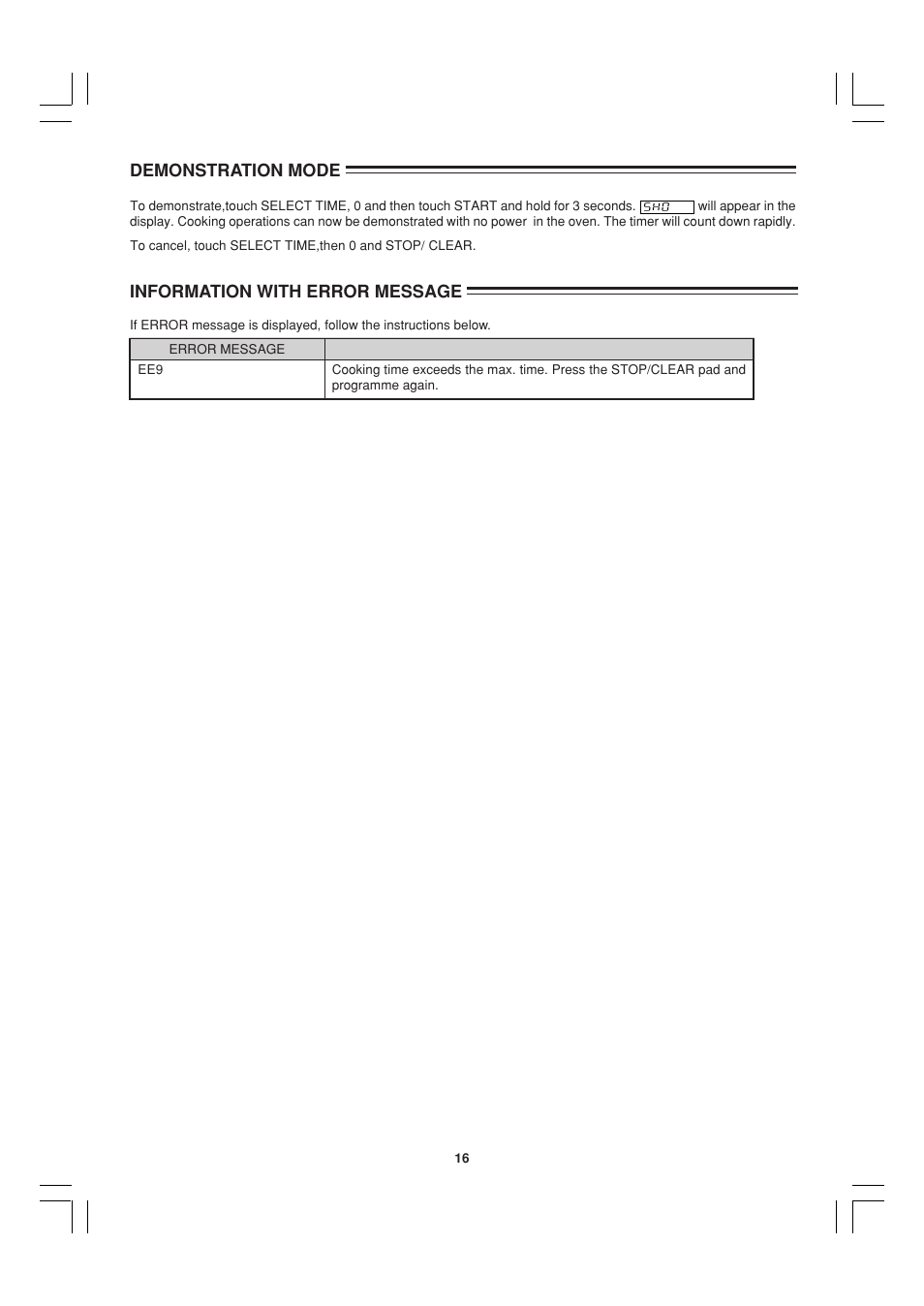 Demonstration mode information with error message | Sharp R-21ATP User Manual | Page 17 / 36